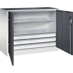 C+P Armoire d'atelier hauteur bureau avec portes battantes et tiroirs, h x l x p 1000 x 1200 x 500 mm, gris clair / anthracite