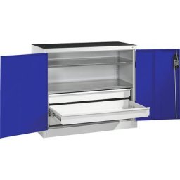 C+P Armoire d'atelier hauteur bureau avec portes battantes et tiroirs, h x l x p 1000 x 1200 x 500 mm, gris clair / bleu gentiane