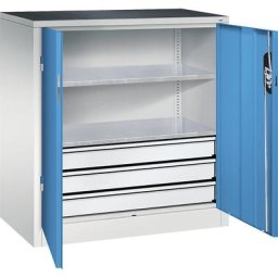 C+P Armoire d'atelier hauteur bureau avec portes battantes et tiroirs, h x l x p 1000 x 930 x 500 mm, gris clair / bleu clair
