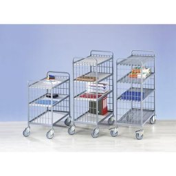 Chariot de bureau à tablettes, force 150 kg, plateaux plastifiés gris clair, 3 plateaux, 4 roulettes pivotantes
