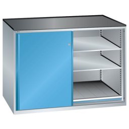 LISTA Armoire à portes coulissantes, charge max. par tablette coulissante 200 kg, 4 tablettes réglables, 2 tablettes coulissantes, gris clair / bleu clair