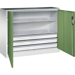 C+P Armoire d'atelier hauteur bureau avec portes battantes et tiroirs, h x l x p 1000 x 1200 x 400 mm, gris clair / vert réséda