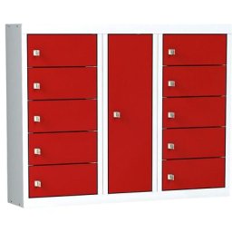 Poste de chargement pour téléphones portables, 10 compartiments avec serrures à consigne, gris clair / rouge trafic