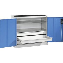 C+P Armoire d'atelier hauteur bureau avec portes battantes et tiroirs, h x l x p 1000 x 1200 x 500 mm, gris clair / bleu clair