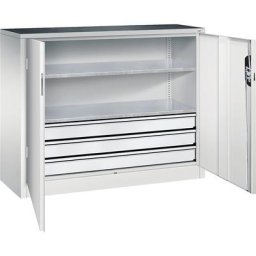 C+P Armoire d'atelier hauteur bureau avec portes battantes et tiroirs, h x l x p 1000 x 1200 x 400 mm, gris clair / gris clair