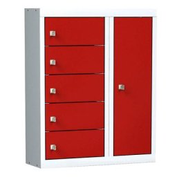 Poste de chargement pour téléphones portables, 5 compartiments avec serrures à combinaisons, gris clair / rouge trafic