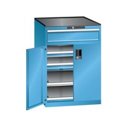 LISTA Armoire à tiroirs à portes battantes, hauteur 1020 mm, 2 tablettes, 3 tiroirs, charge max. 200 kg, bleu clair