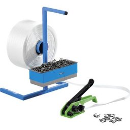 eurokraft pro Kit de cerclage, feuillard en PETP tissé, tendeur, dérouleur de bobine portable, boucles métalliques, feuillard, largeur feuillard 16 mm