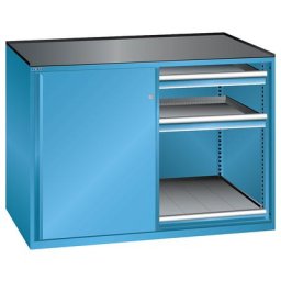 LISTA Armoire à portes coulissantes, charge max. par tablette coulissante 75 kg, 4 tiroirs, 2 tablettes coulissantes, bleu clair