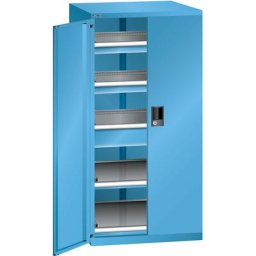 LISTA Armoire à tiroirs à portes battantes, hauteur 1450 mm, 2 tablettes, 3 tiroirs, charge max. 75 kg, bleu clair