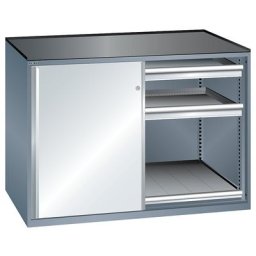 LISTA Armoire à portes coulissantes, charge max. par tablette coulissante 200 kg, 4 tiroirs, 2 tablettes coulissantes, gris métallisé / gris clair