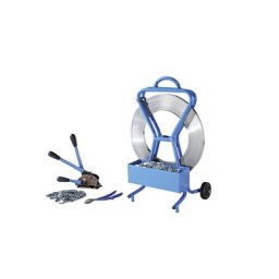 Kit de cerclage, feuillard en acier, tendeur-sertisseur, cisaille, dérouleur de bobine, feuillard, chapes, largeur feuillard 16 mm