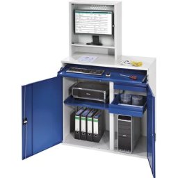 RAU Poste multi-usages, compartiment pour écran, 1 tablette coulissante, 2 tiroirs, largeur 1100 mm, gris clair / bleu gentiane