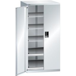 LISTA Armoire à tiroirs à portes battantes, hauteur 1450 mm, 5 tablettes, charge max. 200 kg, gris clair