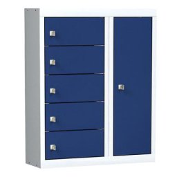 Poste de chargement pour téléphones portables, 5 compartiments avec serrures à combinaisons, gris clair / bleu gentiane