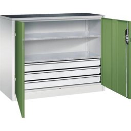 C+P Armoire d'atelier hauteur bureau avec portes battantes et tiroirs, h x l x p 1000 x 1200 x 500 mm, gris clair / vert réséda