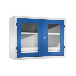 eurokraft basic Armoire murale d'atelier, h x l x p 600 x 800 x 320 mm, portes vitrées, avec 2 tablettes + 2 tiroirs, bleu gentiane RAL 5010