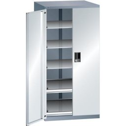 LISTA Armoire à tiroirs à portes battantes, hauteur 1450 mm, 5 tablettes, charge max. 75 kg, gris métallisé / gris clair