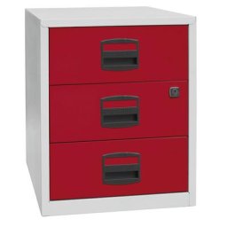 BISLEY Caisson mobile hauteur bureau PFA, 3 tiroirs universels, gris clair / rouge cardinal