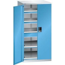 LISTA Armoire à tiroirs à portes battantes, hauteur 1450 mm, 2 tablettes, 3 tiroirs, charge max. 75 kg, gris clair / bleu clair