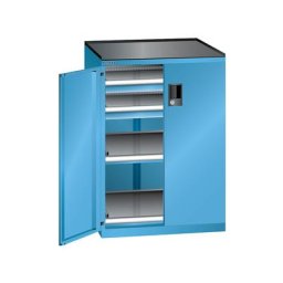 LISTA Armoire à tiroirs à portes battantes, hauteur 1020 mm, 2 tablettes, 2 tiroirs, charge max. 200 kg, bleu clair