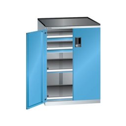 LISTA Armoire à tiroirs à portes battantes, hauteur 1020 mm, 2 tablettes, 2 tiroirs, charge max. 75 kg, gris clair / bleu clair