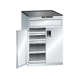 LISTA Armoire à tiroirs à portes battantes, hauteur 1020 mm, 2 tablettes, 3 tiroirs, charge max. 75 kg, gris clair