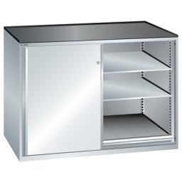 LISTA Armoire à portes coulissantes, charge max. par tablette coulissante 200 kg, 4 tablettes réglables, 2 tablettes coulissantes, gris clair