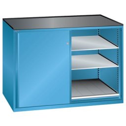 LISTA Armoire à portes coulissantes, charge max. par tablette coulissante 75 kg, 4 tablettes réglables, 2 tablettes coulissantes, bleu clair