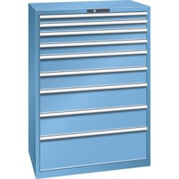 LISTA Armoire à tiroirs en tôle d'acier, h x l 1450 x 1023 mm, 9 tiroirs, charge max. 200 kg, bleu clair