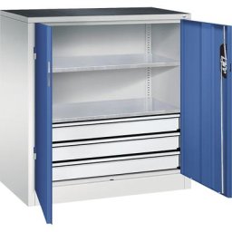 C+P Armoire d'atelier hauteur bureau avec portes battantes et tiroirs, h x l x p 1000 x 930 x 500 mm, gris clair / bleu gentiane
