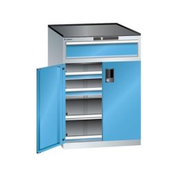 LISTA Armoire à tiroirs à portes battantes, hauteur 1020 mm, 2 tablettes, 3 tiroirs, charge max. 75 kg, gris clair / bleu clair