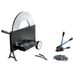 Kit de cerclage, feuillard en acier, tendeur-sertisseur, cisaille, dérouleur de bobine mobile, feuillard, chapes, largeur feuillard 16 mm