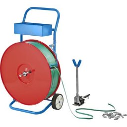 Kit de cerclage, feuillard en PETP, tendeur-sertisseur, dérouleur de bobine mobile, feuillard, chapes, largeur feuillard 12,7 mm