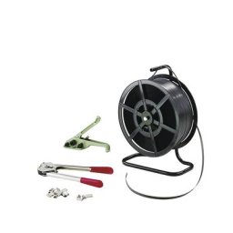 Kit de cerclage, feuillard en polypropylène, tendeur, pince de sertissage, dérouleur de bobine portable, feuillard, chapes, largeur feuillard 12 mm