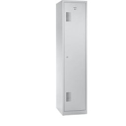 Vestiaire métallique, 1 tablette supérieure, 1 cloison médiane, 1 tringle, 3 tablettes, serrure à cylindre, coloris porte gris clair
