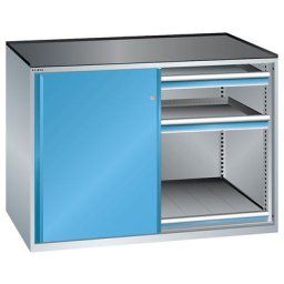 LISTA Armoire à portes coulissantes, charge max. par tablette coulissante 200 kg, 4 tiroirs, 2 tablettes coulissantes, gris clair / bleu clair