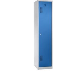 Vestiaire métallique, 1 tablette supérieure, 1 cloison médiane, 1 tringle, 3 tablettes, serrure à cylindre, coloris porte bleu clair