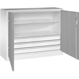 C+P Armoire d'atelier hauteur bureau avec portes battantes et tiroirs, h x l x p 1000 x 1200 x 400 mm, gris clair / rouge rubis