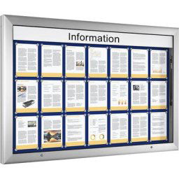 Vitrine d'affichage, pour 21 x format A4, bleu gentiane, ouverture 90° vers le haut
