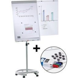 Kit chevalet de conférence avec accessoires, hauteur réglable de 1700 à 2000 mm, avec pied rond stable Ø 640 mm, 5 roulettes pivotantes