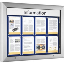 Vitrine d'affichage, pour 8 x format A4, bleu gentiane, ouverture 90° vers le haut
