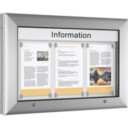 Vitrine d'affichage pour l'intérieur et l'extérieur, format horizontal, pour format A2, porte ouvrant à 90° vers le haut, coloris paroi arrière blanc pur