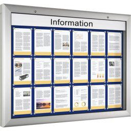 Vitrine d'affichage, pour 18 x format A4, bleu gentiane, ouverture 180° vers le bas