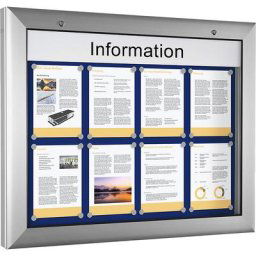 Vitrine d'affichage, pour 8 x format A4, bleu gentiane, ouverture 180° vers le bas