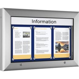 Vitrine d'affichage, pour 3 x format A4, bleu gentiane, ouverture 90° vers le haut