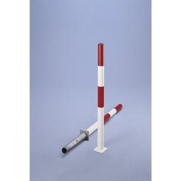 Potelet en tube d'acier rond, rouge / blanc, à sceller dans du béton, Ø 76 mm, serrure à cylindre et jeu de 3 clés