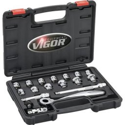 VIGOR Jeu de clés à douilles extra-plates V6, 3/8 pouce, 18 éléments