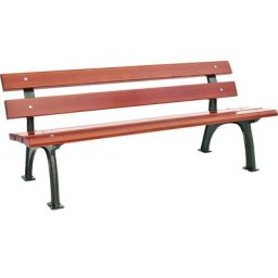 Banc d'extérieur, piétement massif en fonte, assise et dossier en sapin, droit