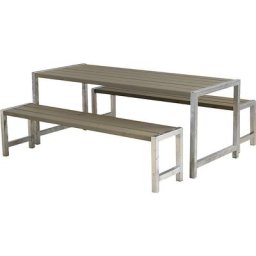 Ensemble table et bancs, bois de conifères certifié, brun gris